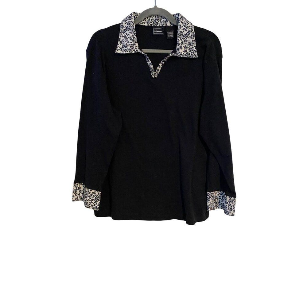 Bobbie Brooks Womens Top Black Long Sleeve Leopard Print Collar & Cuffs L 14/16